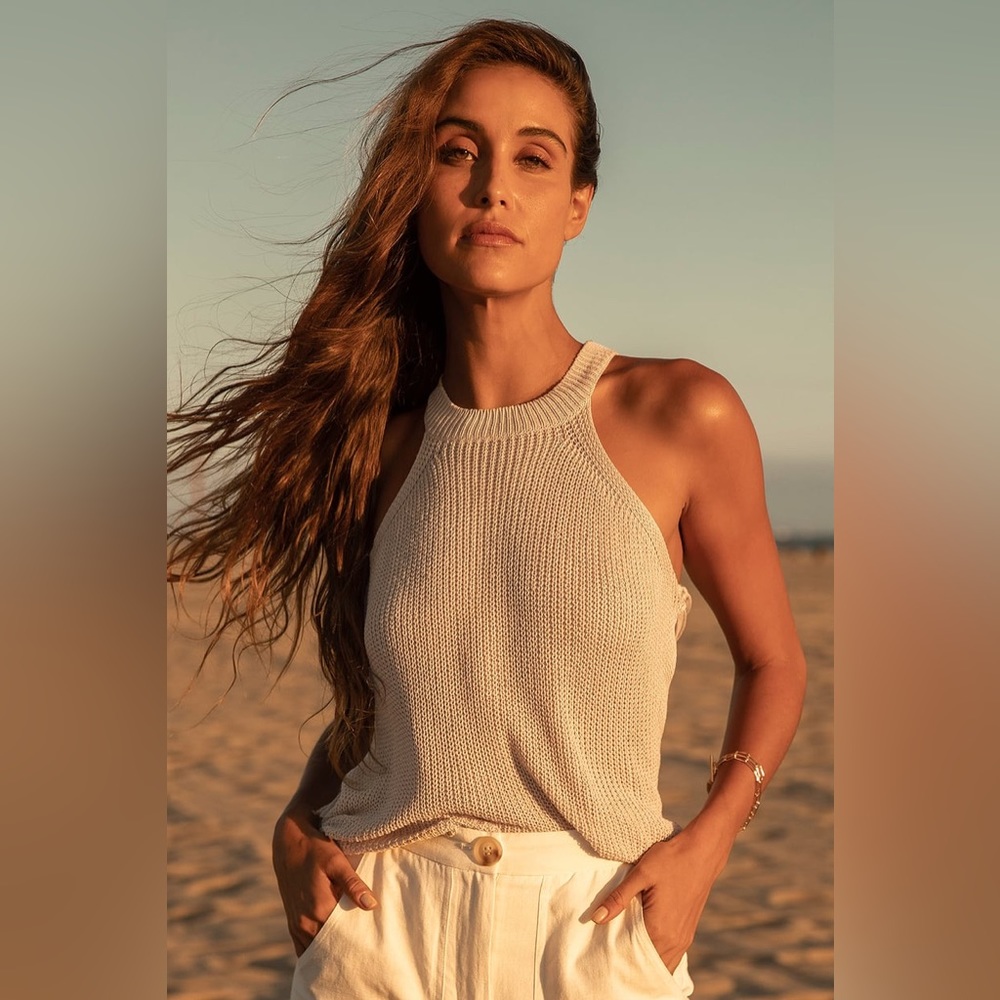 Lulu’s Sunny Style Beige Loose Knit Mock Neck Side Tie Tank Top